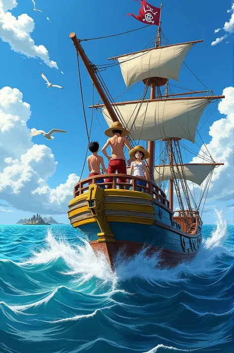 luffy, robin(girl) and nami(girl) from one piece anime sailing with one piece ship