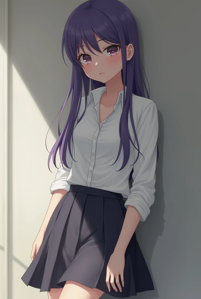 Yuri of doki doki literature club, ddlc, she leans against a wall, she wears a skirt and a white shirt