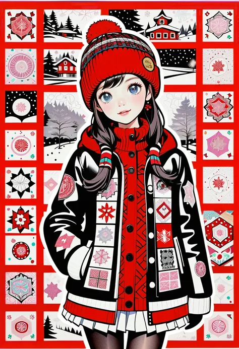 (masterpiece, best quality:1.1), A girl cheerful walking on corridor decorated with pictures of girls,detailed kawaii face,pose, she is surrounded by snow symbols,teenager,wearing Beanie, black sweater, Burberry coat, miniskirt, boots,collage artwork,zenta...