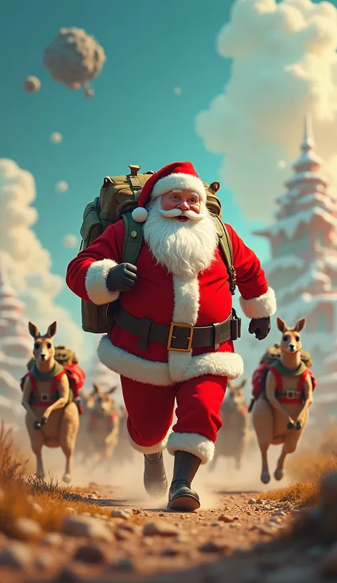 Santa Claus running along with the Kanguru army, Army clothing dress
