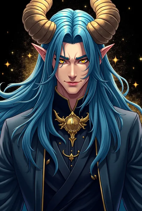 {( best quality , 8k,  masterpiece , HDR,  soft lighting , perfect image,  digital illustration , manhwa art, hyperdetailed image, perfect lines, realistic)} 1 very handsome man, long blue hair,  yellow-eyed, olive skin, with imposing horns, luxurious clot...