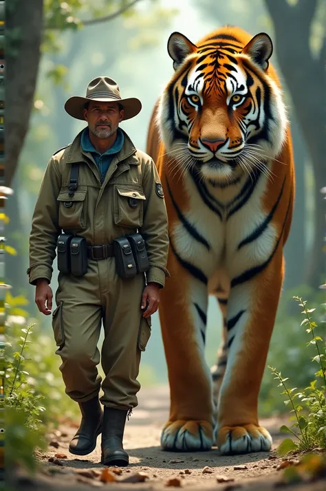 A man wearing a fishing suit walks with a large tiger