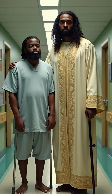 Create an ultra-realistic image of black Jesus Christ, with a compassionate expression, standing gently beside a , no older than , on crutches, in a sterile, dimly lit hospital intensive care unit hallway. Jesus stands next to the , holding his arm. The ’s...