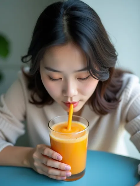 close up shot of the nose and mouth of an Asian woman eating a smoothie blend on a blue table with minimalist walls with high camera angle