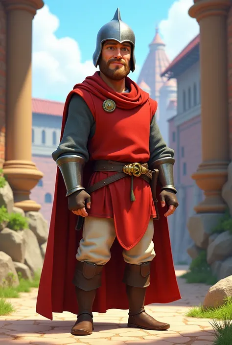 a tall, thin man wearing a gray long-sleeve shirt, red sleeveless medieval tunic, steel helmet, golden belt, white pants, and brown boots in pixar style 