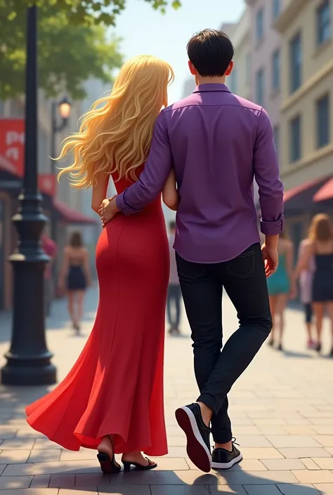 One in a red dress, blonde hair, black sandal with a boy, black hair, purple blouse, black pants and sneakers.