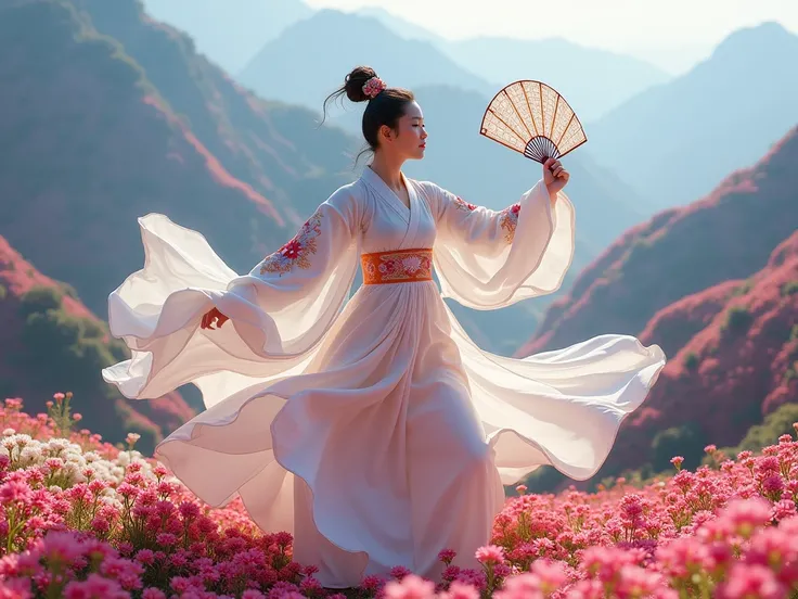 Picture a sacred Korean woman dancing with a heavenly fan on the biggest and most beautiful flower peak in the world