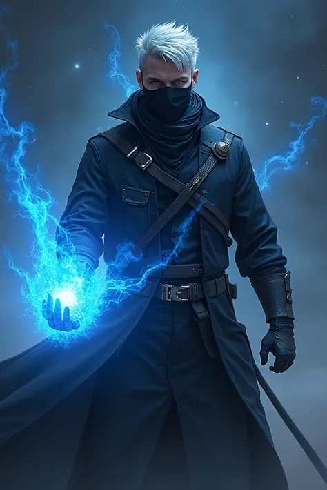 A powerful sorcerer with silver hair and a sleek black blindfold, wearing a modern, dark combat uniform. He stands in a dynamic pose with glowing blue magical energy swirling around his hands, set against a starry night sky." I want dark image 