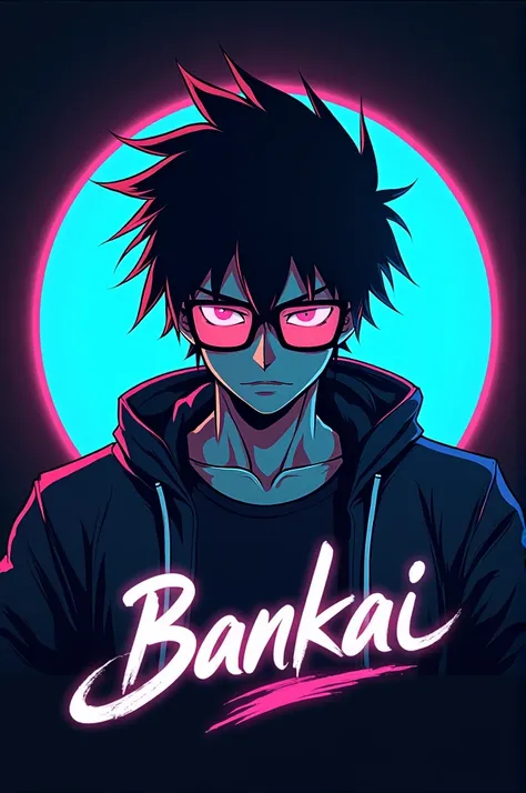 Create a game logo at the back with a circle on a mug, a brutal anime character with , glasses illuminated in dark blue neon and just at the bottom of the character the word BANKAI with a beautiful font like modern samurai, as you would write with a pen