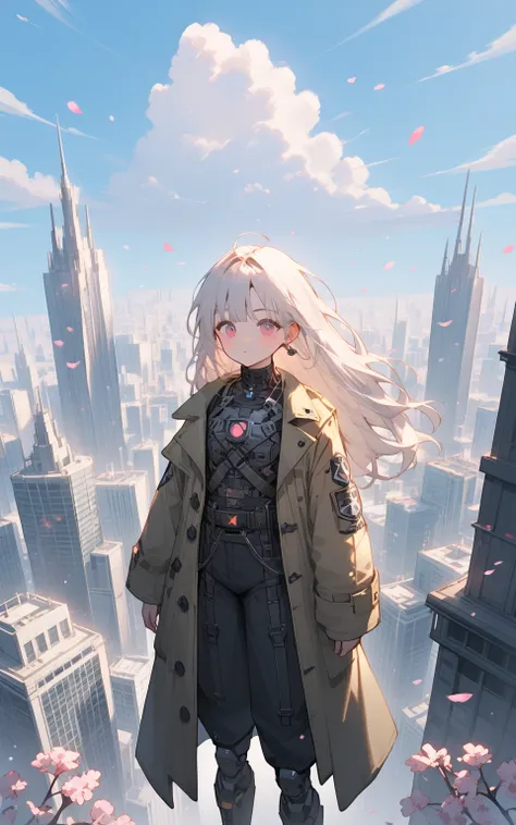 "The Vanguards Solitude"（Vanguards Solitude）

A lone figure stands at the edge of a towering futuristic skyscraper, overlooking a sprawling city bathed in the soft glow of twilight. They are dressed in a striking, avant-garde outfit—a sleek black trench co...