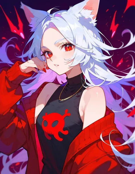 Animal Ear Girl,Silver-white hair, in a dark red eye ,cool, Thug ,funny,Long hair, Black long-sleeved shirt , with open shoulders