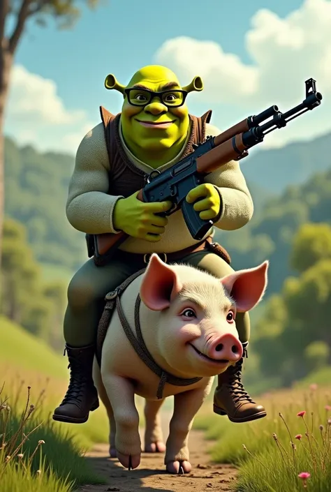 Shrek with black glasses riding pig and shooting from ak 47