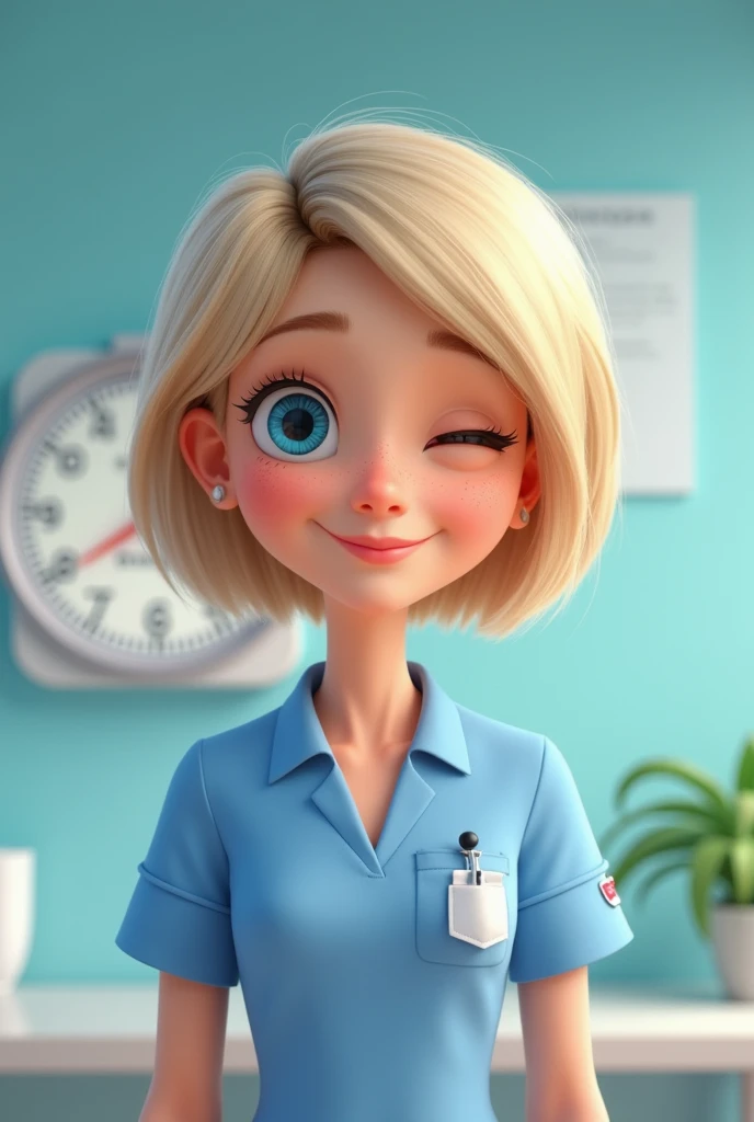  Blue-eyed blonde nurse with short hair down her shoulders.  with one eye closed . He is 40 years old.  Background consults hospital with a scale. Pixar style and cute , Drawing. 