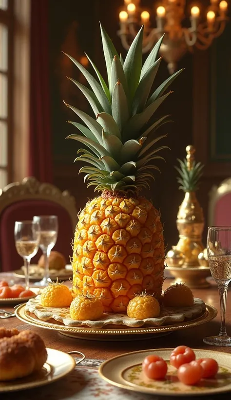 Part 2: The Pineapple as a Symbol of Wealth

Picture: An elaborate banquet table with a pineapple as the centerpiece, surrounded by ornate dishes and goblets, showing its luxurious appeal.

