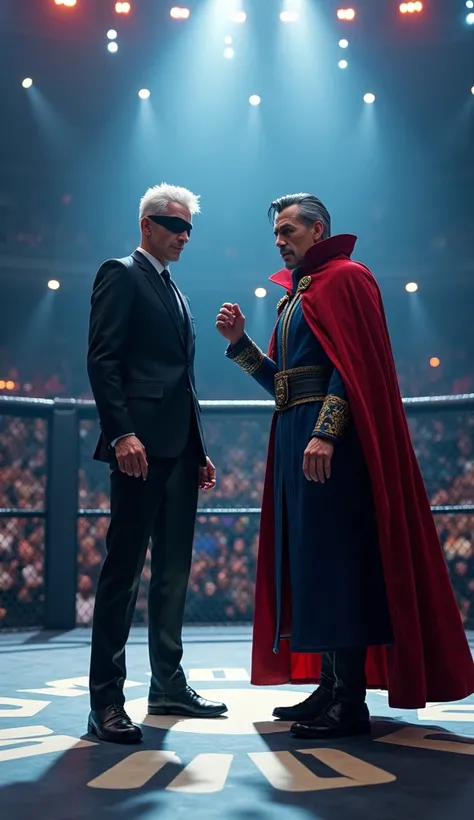 A hyper-realistic depiction of Gojo Satoru from Jujutsu Kaisen standing side by side with Doctor Strange from The Avengers in the center of a brightly lit UFC ring. Gojo exudes his signature cool confidence, his white hair glowing faintly under the floodli...