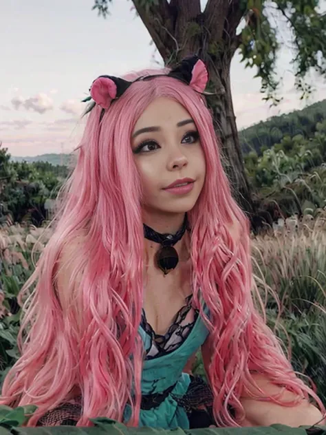 grass, green foliage, hwcdn, squat, dragondildo, Met art, nude, open pussy, outdoor, pinkhair Belle Delphine, solo, tree