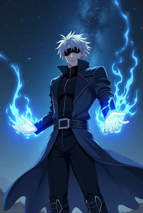 A powerful gojo anime sorcerer with silver hair and a sleek black blindfold, wearing a modern, dark combat uniform. He stands in a dynamic pose with glowing blue magical energy swirling around his hands, set against a starry night sky." I want dark image 