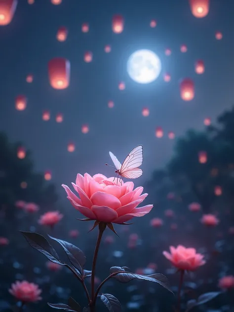  in the dark，Moonshine， A pink rose blooming in the garden, A transparent butterfly perched on the petals ，The sky is full of Kong Ming lanterns 