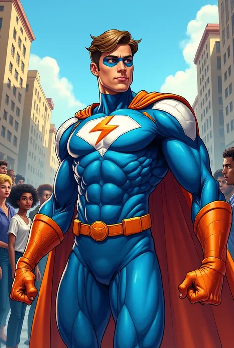 Create for me a comic drawing of a deaf social inclusion superhero wearing a blue costume, WHITE AND ORANGE