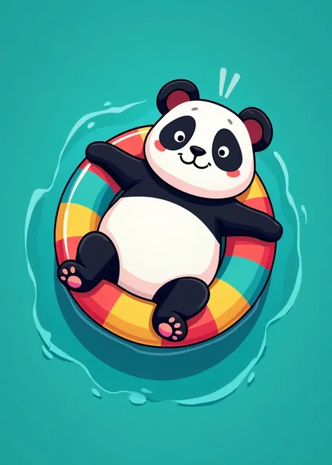 A cartoon panda, centrally located, is lying on a colorful, multifaceted inner tube. The panda is depicted with large, round, expressive eyes, a small, sweet smile, and a relaxed, almost sleepy pose. Its body is chubby, and its limbs are positioned casuall...