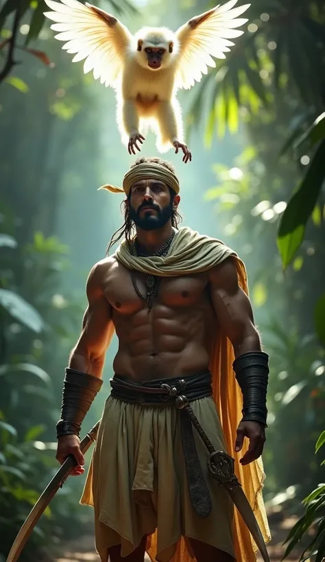 Ultra-realistic 4K image of a muscular warrior with tanned skin, wearing a desert-style outfit with a turban, leather bracers, and a flowing scarf. He holds a curved sword and stands confidently in a lush, mystical jungle. Above him floats a glowing, ether...