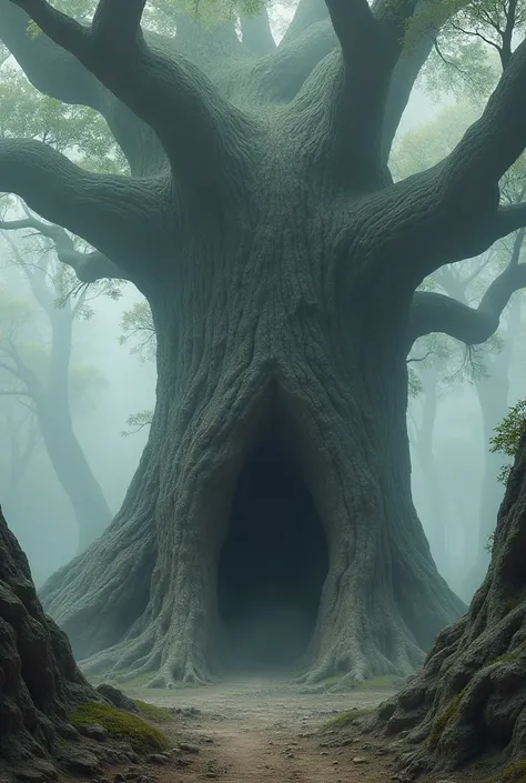 A GIANT TREE WITH ITS GREYISH WOOD WITH AN ENTRANCE AS IF IT WERE A HOUSE INSIDE THE BARK IT IS VERY LARGE AND ITS SIZE IS COLOSSAL IT HAS AN EARTHY CLIMATE AND IS VERY INTIMIDATING WITH A FOG AROUND IT