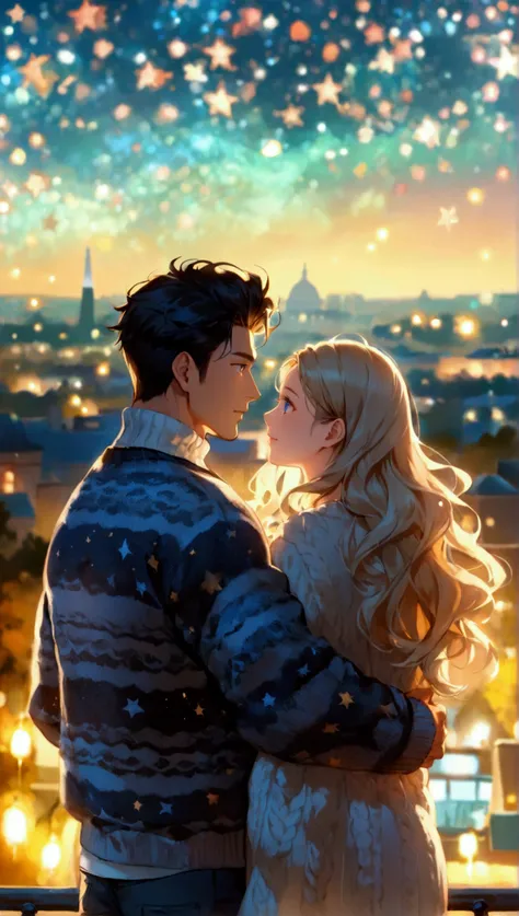 A full-body cinematic shot of an international couple standing on a rooftop and gazing the stars. The scene set against the breathtaking backdrop of Washington D.C. on a warm autumn night, with a sky ablaze with bright stars. The Asian man, with a round fa...