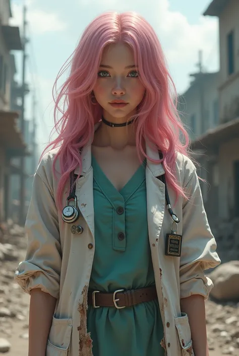 Une belle jeune fille Asiatique humaine dans une apocalypse de zombie, cheveux long ondulée rose clair, yeux en amandes bleu clair, elle porte des vêtements de médecin abîmée