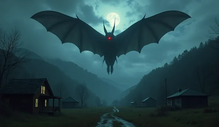 A scene from the town of West Virginia ,  with old houses and the mountainous landscape. In the night sky, a winged silhouette of a moth man appears among the clouds. ((bright red big eyes))