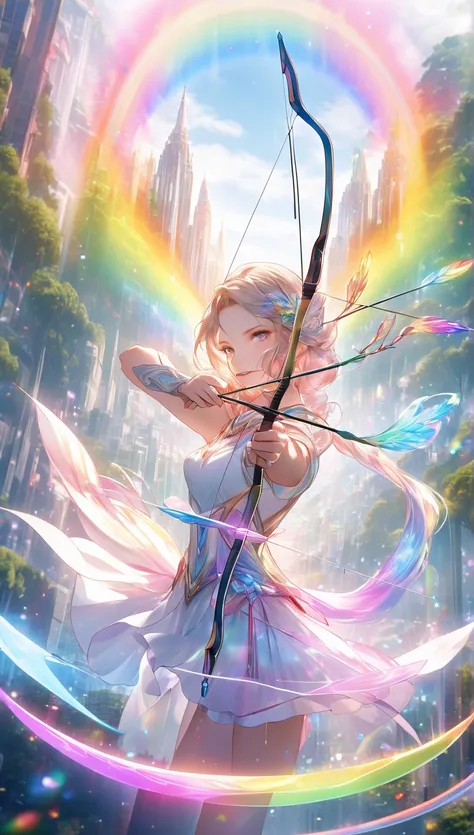  top quality, Super fine, 16k, 2.5D,  Delicate and Dynamic Depiction ,  The beautiful game character Archer shoots with a sacred bow and arrow,  Transparent, translucent, and rainbow-colored barriers break , Game Production Effects , A mysterious backgroun...