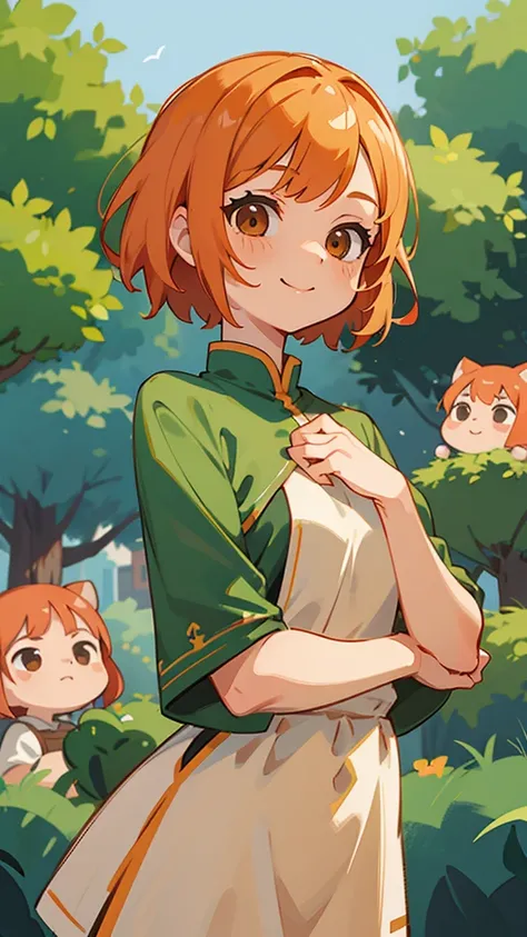 １ girls、 smaller breasts、 orange hair、 short bob hairstyle、green round eyes 、cute、peasant tunic 、middle ages、middle agesの街の背景、 upper body closeup、smile、 mouth、 sharp outline 