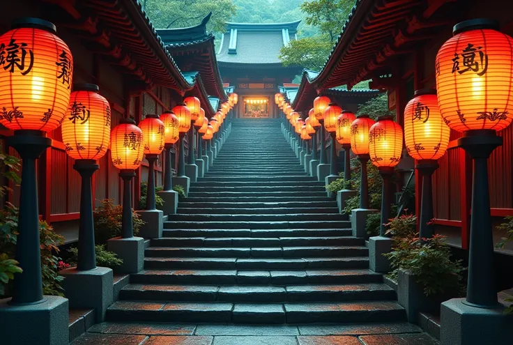 Close up of stairs with lanterns on each,  beautiful,  Japans Deeper Travel Exploration , By Torii Kiyomasu II, By Torii Kiyomasu,  influenced by the East in Kyogen , Japanese Temples, Inspired by Torii Kiyomasu,  near a Japanese shrine