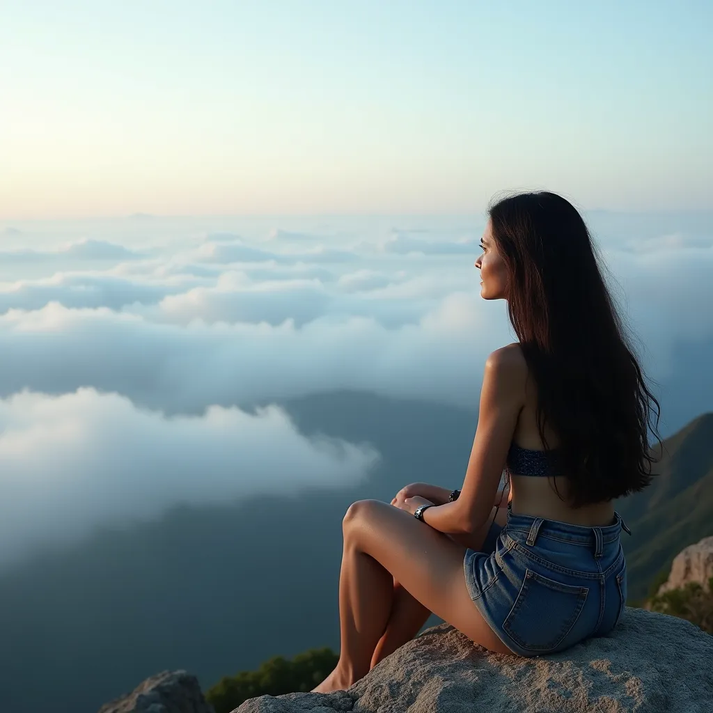 Create a hyper-HD, ultra-hyper-realistic image of a woman in her 30s. She has dark long hair. She is sitting on the top of a mountain looking to the horizon with clouds. She is enjoying the view. Its a stunning peaceful atmosphere. Its angled 45 degrees 