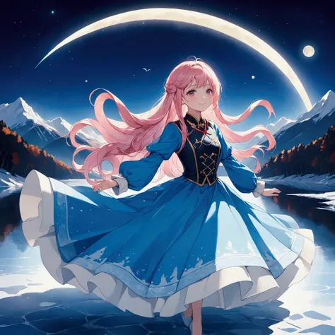  top quality、8k、Representative Works:1.3、 girl、1 person、1 personで、 surrounded by the Alps 、curve、 cute、She smiles quietly 、 beautiful long pink blond hair fluttering in the wind、 petite and glamorous body 、 wearing a national Alpine costume , ,Dancing on t...