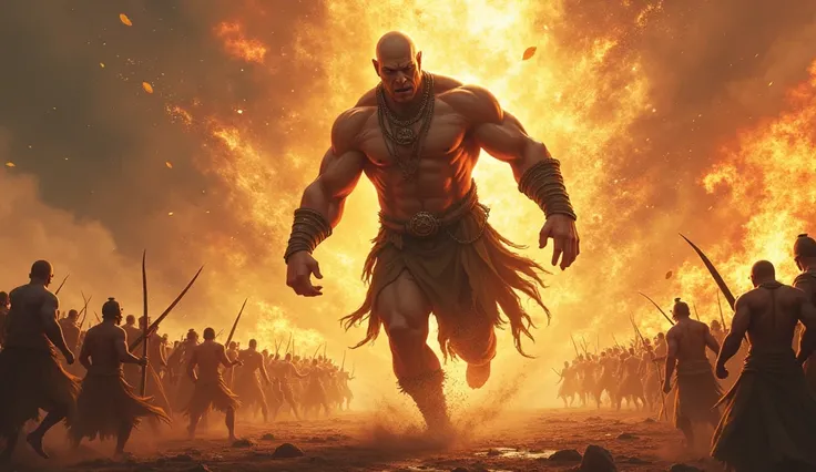 **Description**: Ghatotkacha, bald men the towering force of nature, charges into battle with unstoppable power, defeat other Mahabharat warriors 
- **Character**: Ghatotkacha, giant men.
- **Clothes**: Wild, ancient tribal attire that enhances his otherwo...