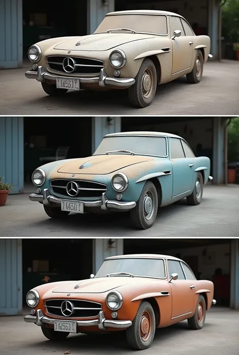 Sequential shots of a dusty car being cleaned, polished, and coated. Style: step-by-step, transitional, HDR post-processing.