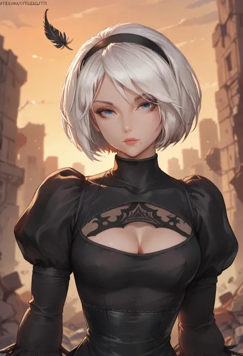 score_9, score_8_up, score_7_up, Anime Style, Portrait, yorha no. 2 type b, short white hair, black dress, hairband, clothing cutout, cleavage cutout, puffy sleeves, black hairband, feather-trimmed sleeves, juliet sleeves, mole under mouth, sunset, rubble ...