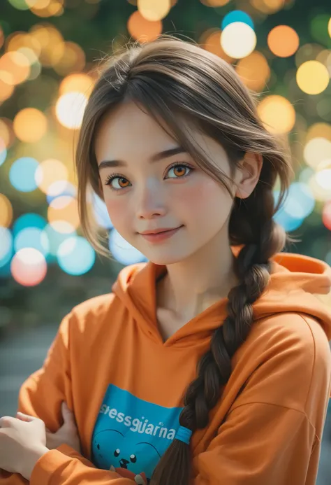  One Girl 、((Smile:0.1))、 cute girl、Dark beige hair、baby face、young、 Delicate Girl、 braided 、 upper body、Small breaStS、unreaSonable preciSion、 super detailed、blue Shirt、Layering、Light orange hoodie、Perfectly flat 、HoneSty、thin armS, profeSSional lighting, ...