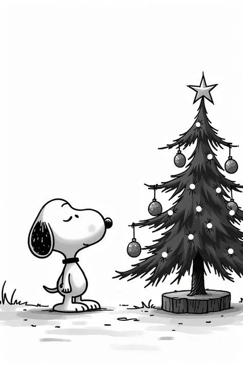 Snoopy style bande dessinée avec un sapin de noël, en noir et blanc