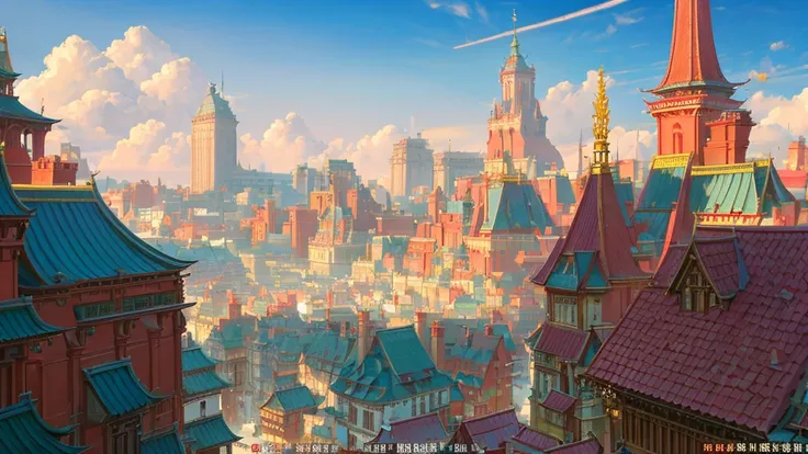 feature,super high quality, very detailed with crimson hair, high definition ,Not very detailed,超 high definition , Fantasy City, beautiful,Medieval city,There is a slope,ethnic costume, Beautiful Cities , Beautiful Skyscrapers , Clear City with Slopes , E...