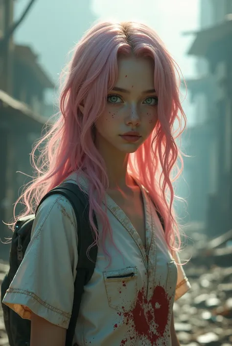 Une belle jeune fille japonaise humaine dans une apocalypse de zombie, cheveux long ondulée rose clair, yeux en amandes bleu clair, elle porte des vêtements de médecin abîmée