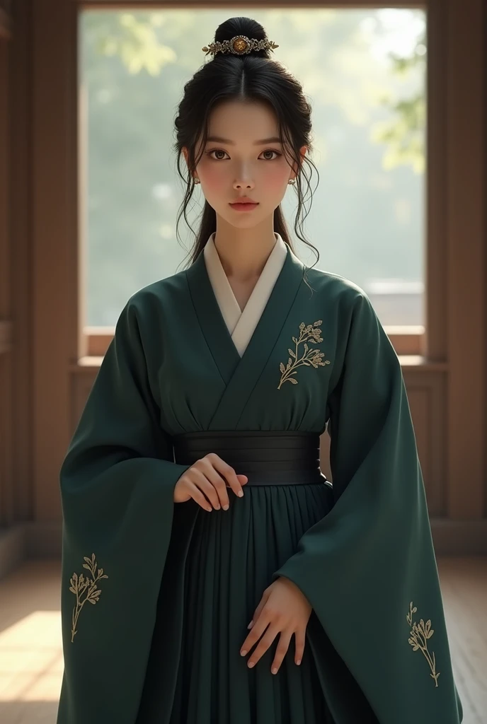 A beautiful female servant from the Joseon Dynasty wearing a dark-colored hanbok