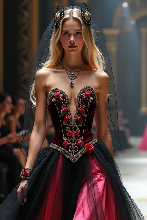 Fashion show, with blonde woman, very long blonde hair, dark blue eyes, wearing a dress with a black and pink tulle skirt and crimson velvet bodice with gold and silver threads and small red roses decorating the waist, black tulle veil with dots sparkles, ...