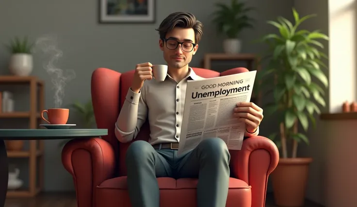  create realistic 3d images , dimension 16 :9 landscape ,  some guy sits Casually dressed , is having a coffee ,  smoking and reading a newspaper that says happy NGUnemployed.  The above headline  " good morning unemployment "  and give some examples of hi...