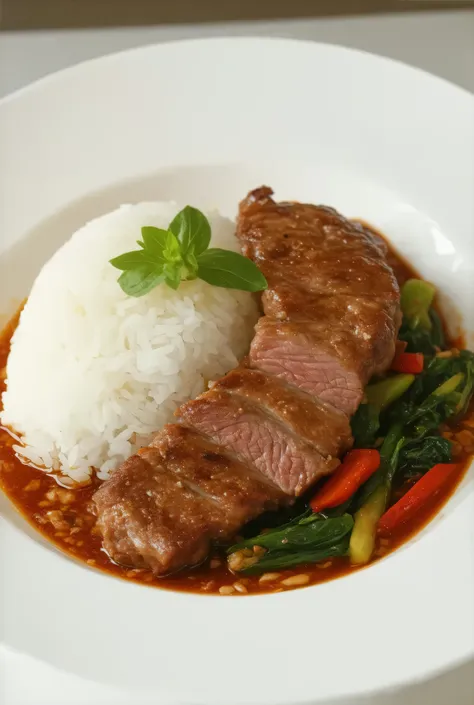  rice, pork leg ( rice, pork leg ประเทศไทย) ,ภาพtasty, Open Back Dress, picture like a jingle , commercial images ,สีสันtasty, light, color and atmosphere drive the color of the food to stand out., special ,with fresh green vegetables  ,tasty,White plate ,...