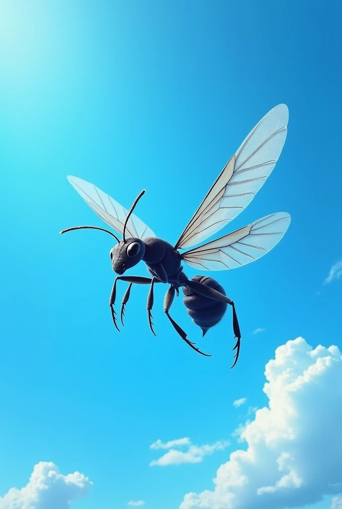 Create a flying ant in the blue sky