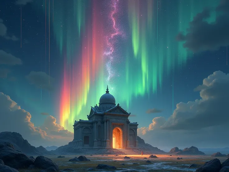 Picture the rainbow in the sky overflowing like the auroras in the night sky, and countless stars falling on the temple