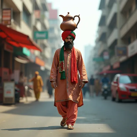 Create a real stick image of a   walking down the street wearing pajamas and a Punjabi, wearing a red and green colored turban, and holding a clay pitcher on his head.
