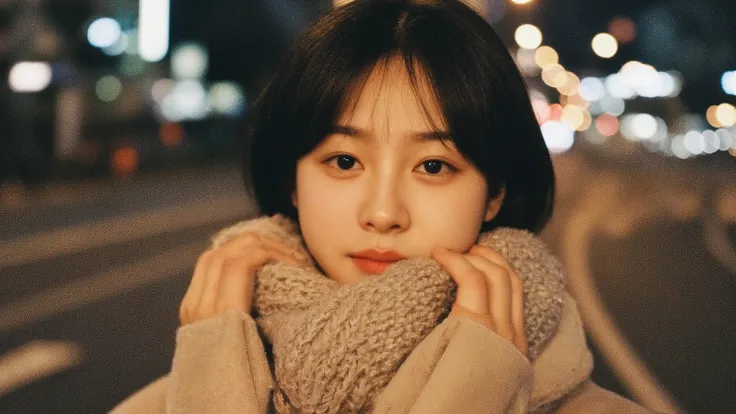 8k, masterpiece, (((pixel-perfect, detail-perfect, photo-perfect))), (solo:1.4), 1girl, smile, 8k, outside, christmas, christmas, night, standing, black hair, coat, realistic, city, dutch angle, japanese woman, 35 years old, scarf,portrait