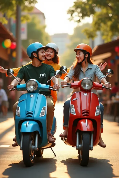 Two young Korean couples ride two classic blue and red Vespa scooters through a lively Indonesian city. The first couple, the man in the front wearing a dark green casual shirt with the NN logo clearly displayed on his chest and a matching helmet, looks wa...